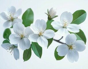 Obraz premium Branch with delicate white flowers and fresh green leaves on a light background evoking purity and calm