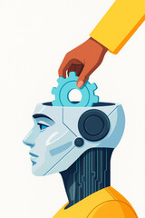 Robotics and AI development are symbolized by a hand adding a gear to a robot's head, representing intelligence and technological innovation.