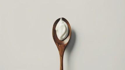 A wooden spoon dipped in creamy yogurt, standing isolated on a spotless white background. This image is a great fit for food - related projects, such as dairy product promotions, healthy eating guides
