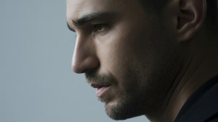 Naklejka premium Profile of young caucasian male with beard against neutral background