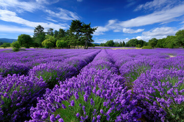 Fototapeta premium Lavender field under a blue sky with fluffy clouds in summer