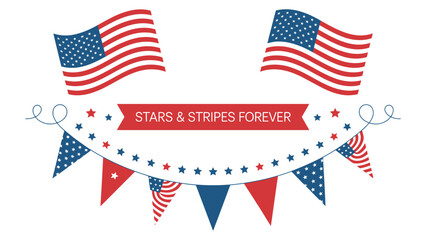 Obraz premium patriotic american flag banner with stars and stripes forever text and decorative pennants for 4th of july independence day celebration