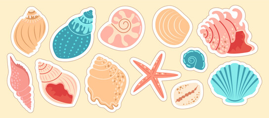 Set of sea shells, clams, starfish. Trendy flat illustration of collection of seashells isolated for stickers.