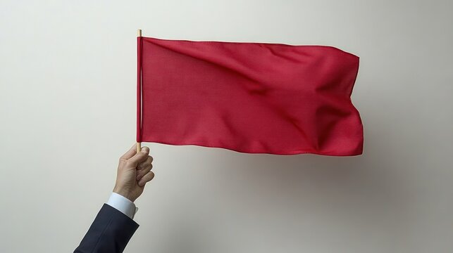 Hand holding a red flag fluttering against a plain light background symbolizing caution or warning