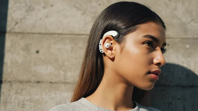 Side Profile of Young Woman Wearing Modern Cochlear Implant for Hearing Assistance
