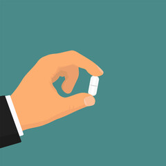 Hand holding white pill. Vector illustration for concepts related to healthcare, medicine, pharmaceuticals, treatment, dosage, or wellness communication
