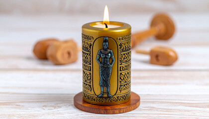 Illuminated Artifact: A radiant candle, embellished with intricate ancient motif and statuesque figures, illuminates the scene amidst delicately arranged wooden artifacts on a weathered.
