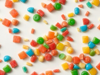 A scattered array of colorful candy pieces including squares circles and other shapes on white surface