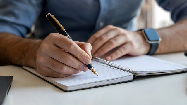 A man thoughtfully writes on a notepad using a fountain pen, dressed in a blue shirt and sporting a smartwatch, capturing a moment of focus and planning on a white table. - Powered by Adobe