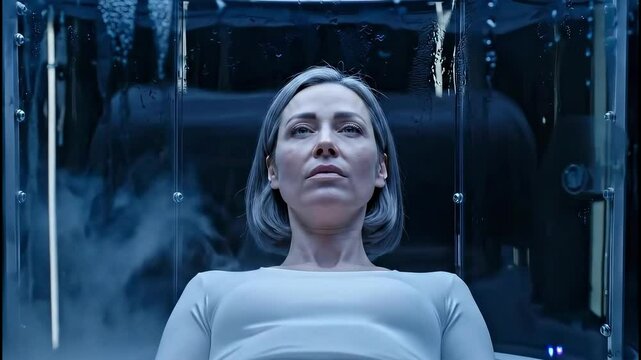 Cryosleep Revival: Human awakening from transparent cryo-chamber, swirling mist.