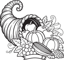 Thanksgiving Cornucopia: Black and White Line Art Illustration of Autumn Harvest, Featuring Pumpkins, Apples, Grapes, and Corn.