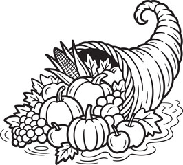 Thanksgiving Cornucopia: Black and White Line Art Illustration of Autumn Harvest, Featuring Pumpkins, Apples, Grapes, and Corn.