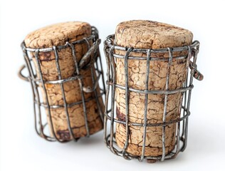 Two close-up natural cork stoppers secured with rusted metal wire cages on a white background