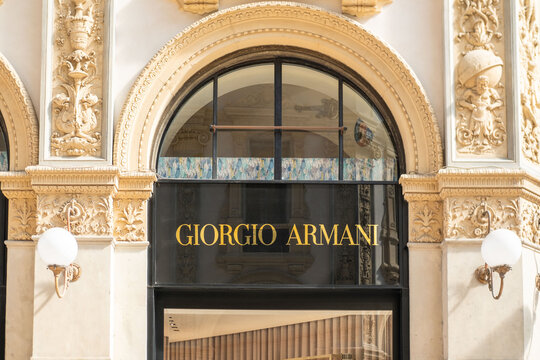 Giorgio Armani luxury store in Milan, European glamour boutique, High-end fashion retail facade Galleria Vittorio Emanuele, Milan, Italy - May 21, 2025