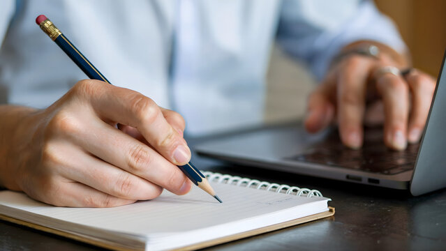 A person taking notes in a notebook with a pencil next to a laptop, indicating study, office work, or creative writing at a desk and reflecting productivity.