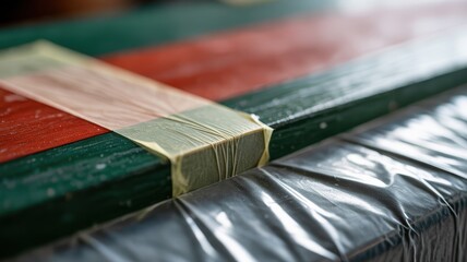 Close-up of wooden furniture wrapped in protective plastic and tape