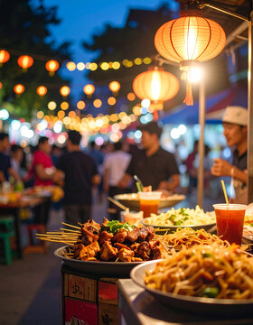 Vibrant street food night market experience city center culinary delights festive atmosphere eye-level view cultural exploration