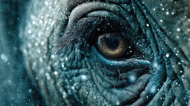 Captivating Gaze of the Gentle Giant: An intimate macro perspective unveils the serene and wise eye of a majestic elephant, subtly adorned with glistening snowflakes, symbolizing resilience, wisdom.