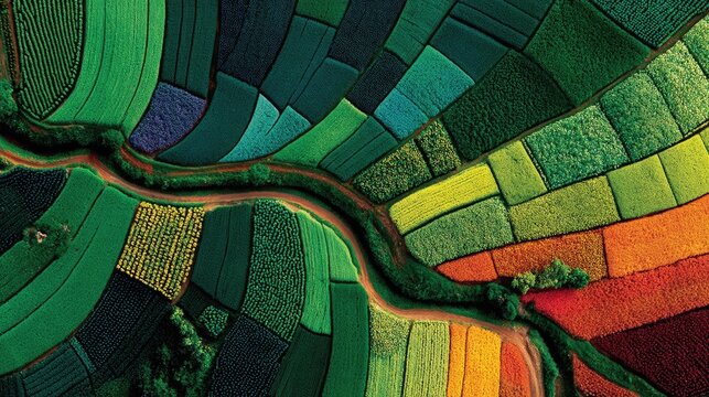 Abstract Landscape of Farmland: A vibrant aerial view showcases a patchwork of colorful farmland, with winding roads and fields in various shades of green, yellow, and red.