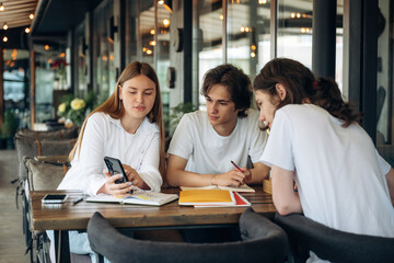Students are working on the project. Group of young friends are in the cafe restaurant