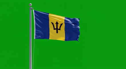 Barbados's vibrant flag billows proudly against a bright green screen.