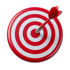 Red and white dartboard with a red dart hitting the bullseye isolated on transparent background
