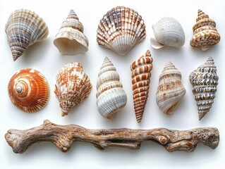 Various seashells arranged in two neat rows above a piece of driftwood on a white background showcasing natural marine textures and patterns