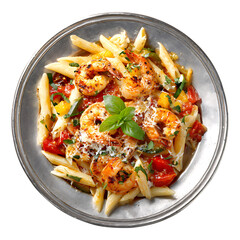 Pasta with tomato sauce and vegetables served as a fresh and healthy meal on a plate, vegetable tomato penne pasta filled a white bowl on wooden background.