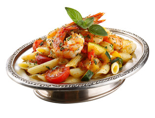 Pasta with tomato sauce and vegetables served as a fresh and healthy meal on a plate, vegetable tomato penne pasta filled a white bowl on wooden background.