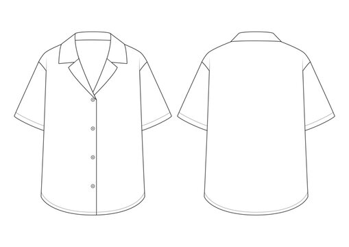 Vector fashion technical drawing of a notched collar button down shirt with front and back view. Short sleeved. Woven fabric.