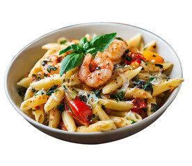 Pasta with tomato sauce and vegetables served as a fresh and healthy meal on a plate, vegetable tomato penne pasta filled a white bowl on wooden background.