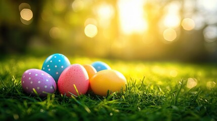 colorful polka dot and speckled eggs arranged on green grass with golden sunlight and blurred background evoking a cheerful and festive atmosphere