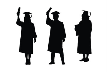 Silhouettes Of Students with Graduate Caps - Students with Diplomas And Gowns  - Diverse Graduation Silhouettes