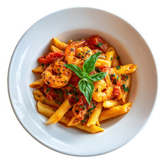 Pasta with tomato sauce and vegetables served as a fresh and healthy meal on a plate, vegetable tomato penne pasta filled a white bowl on wooden background.