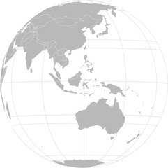 World vector map with country boundaries and graticules (Indonesia-centered view, orthographic projection, PPT-compatible & fully editable)