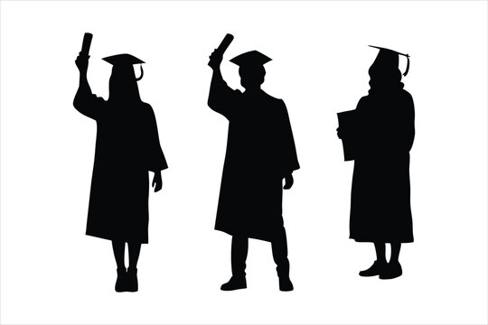 Silhouettes Of Students with Graduate Caps - Students with Diplomas And Gowns  - Diverse Graduation Silhouettes