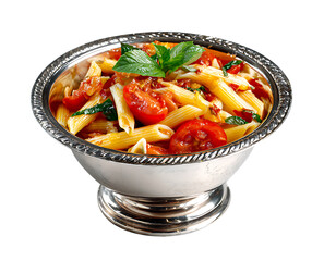 Pasta with tomato sauce and vegetables served as a fresh and healthy meal on a plate, vegetable tomato penne pasta filled a white bowl on wooden background.