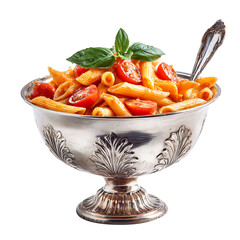 Pasta with tomato sauce and vegetables served as a fresh and healthy meal on a plate, vegetable tomato penne pasta filled a white bowl on wooden background.