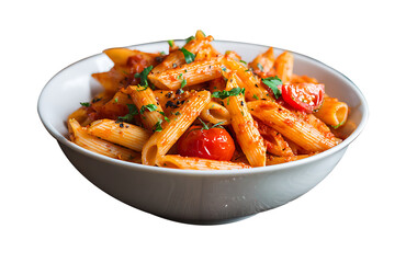 Pasta with tomato sauce and vegetables served as a fresh and healthy meal on a plate, vegetable tomato penne pasta filled a white bowl on wooden background.