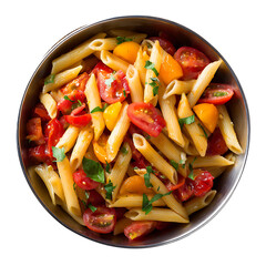 Pasta with tomato sauce and vegetables served as a fresh and healthy meal on a plate, vegetable tomato penne pasta filled a white bowl on wooden background.