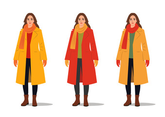 Stylish woman showcasing three different outfits in vibrant colors during the autumn season. Vector illustration