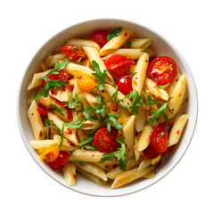 Pasta with tomato sauce and vegetables served as a fresh and healthy meal on a plate, vegetable tomato penne pasta filled a white bowl on wooden background.