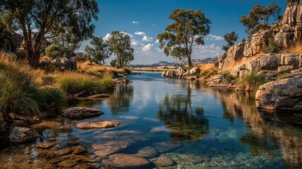 Serene River Reflections: A tranquil river meanders through a picturesque landscape, its crystal-clear waters reflecting the surrounding trees and sky. The scene evokes a sense of peace and serenity.