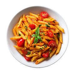 Pasta with tomato sauce and vegetables served as a fresh and healthy meal on a plate, vegetable tomato penne pasta filled a white bowl on wooden background.