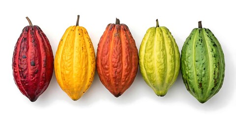 Five ripe cocoa pods in different colors arranged in a row on a white background