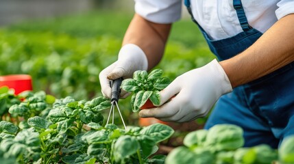 Fototapeta premium Close-up of Gardener Inspecting Young Plants in Greenhouse