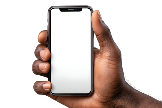 Close up of a dark skinned hand holding a modern smartphone with a blank white screen isolated on transparent background