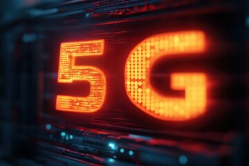 Close-up illuminated digital display of glowing orange 5G text with futuristic dark technological background