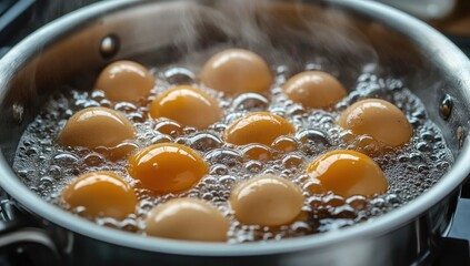 Multiple eggs boiling in a pot with water vigorously bubbling and steam rising