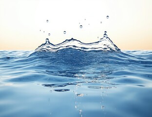 Clear blue water surface with detailed splash droplets captured in soft light at calm setting